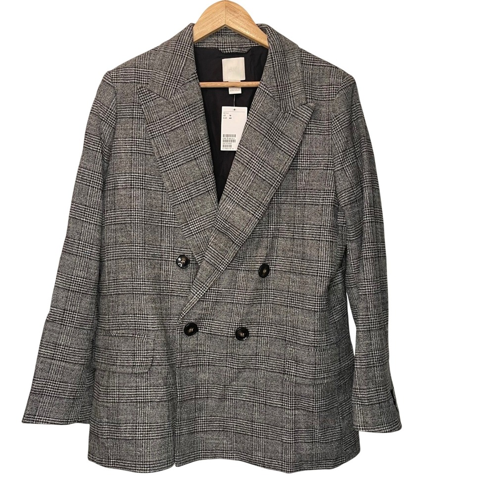 H&M Plaid Double Breasted Blazer Suit Jacket Women 14 Gray Black White NWT Heavy